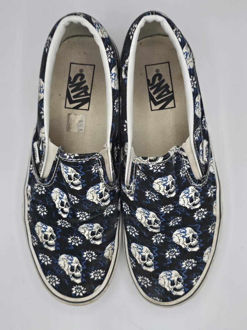 Vans Black Blue Skull Floral Classic Slip-On Skate Shoes - Picture 8 of 12